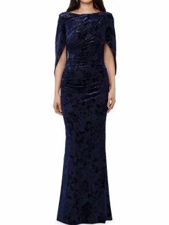 Women Betsy & Adam Floral Burnout Velvet Cape Gown