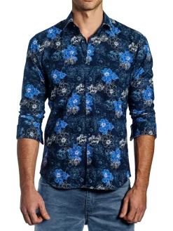 Jared Lang Casual Button-Down Shirts|Floral Cotton Button Down Shirt Dark Navy