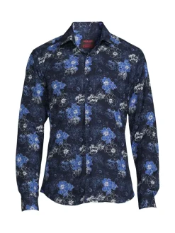 Jared Lang Casual Button-Down Shirts|Floral Cotton Button Down Shirt Dark Navy