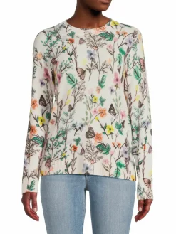 Women Saks Fifth Avenue Floral Crewneck Cashmere Sweater