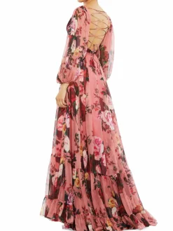 Women Mac Duggal Floral Draped Tie Back Gown