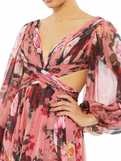 Women Mac Duggal Floral Draped Tie Back Gown