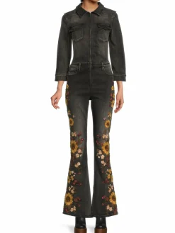 Women Driftwood Floral Embroidered Denim Jumpsuit