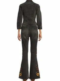 Women Driftwood Floral Embroidered Denim Jumpsuit