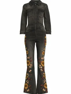 Women Driftwood Floral Embroidered Denim Jumpsuit