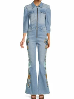 Women Driftwood Floral Embroidered Trim Denim Jumpsuit