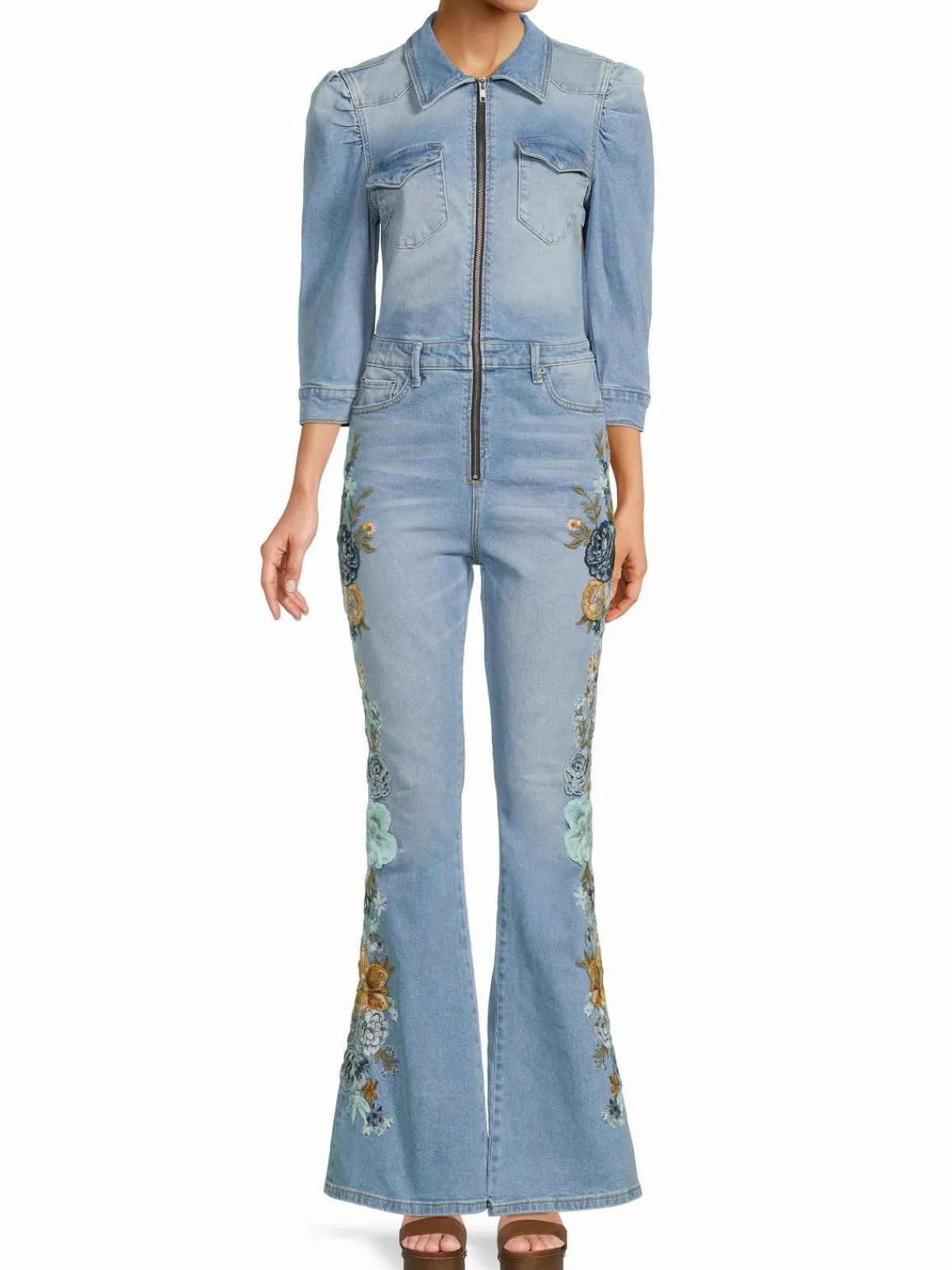 Women Driftwood Floral Embroidered Trim Denim Jumpsuit