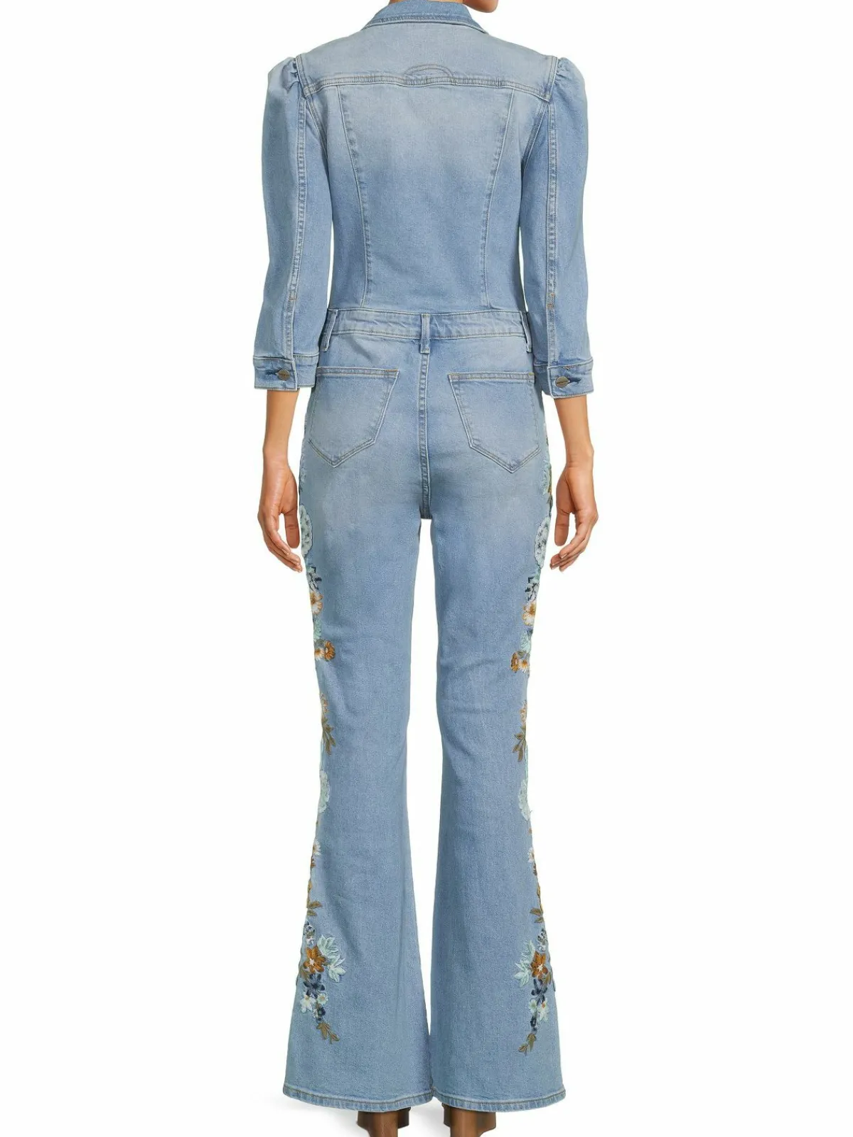 Women Driftwood Floral Embroidered Trim Denim Jumpsuit