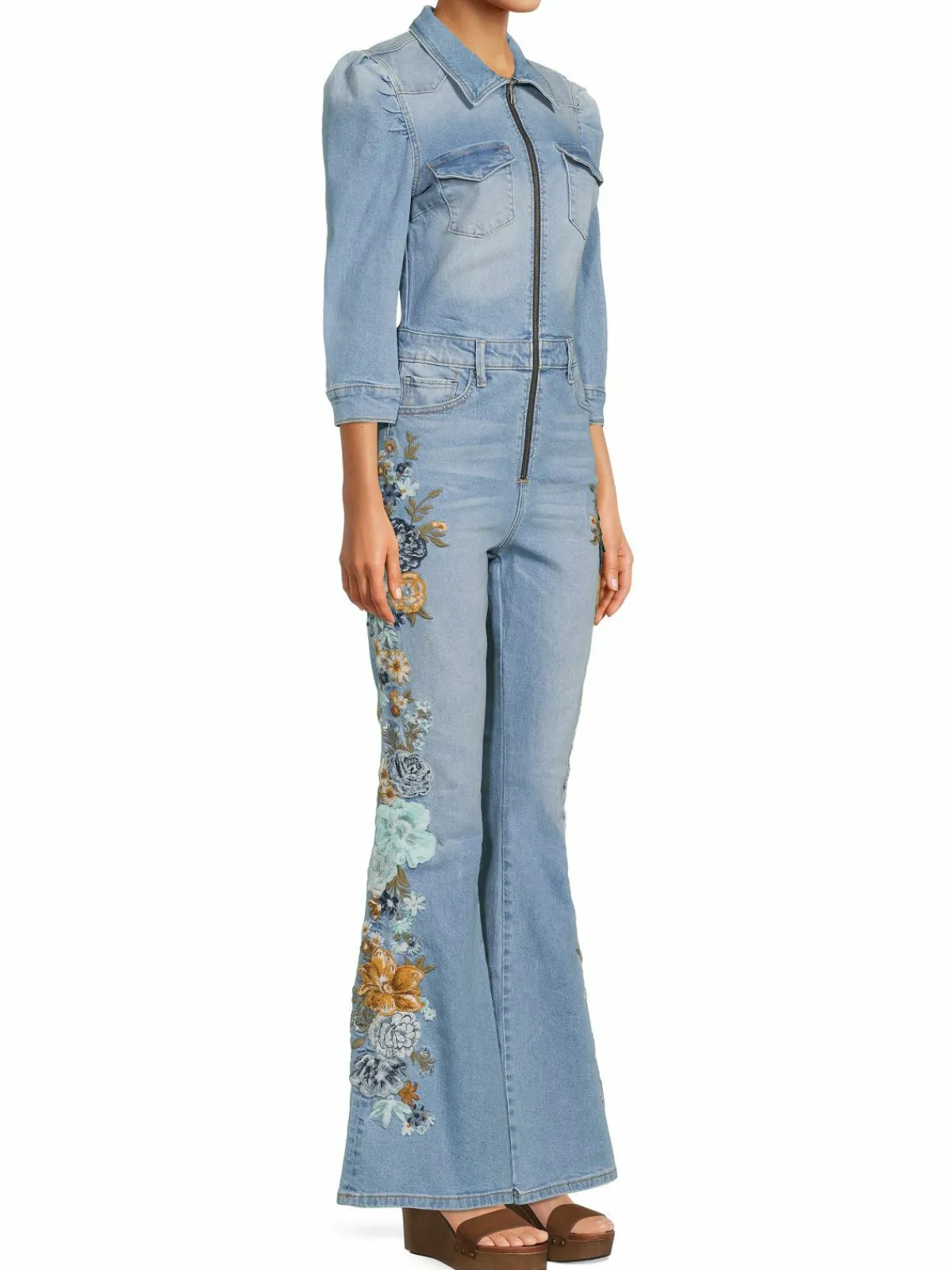 Women Driftwood Floral Embroidered Trim Denim Jumpsuit
