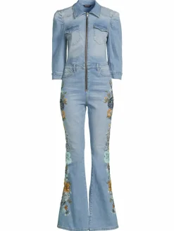 Women Driftwood Floral Embroidered Trim Denim Jumpsuit