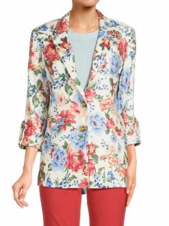 Women T Tahari Floral Linen Blend Blazer