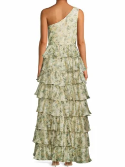 Women Mikael Aghal Floral One Shoulder Tiered Gown
