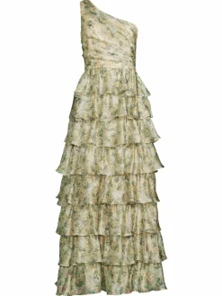 Women Mikael Aghal Floral One Shoulder Tiered Gown