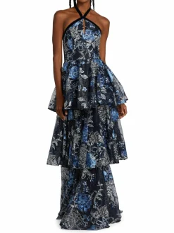 Women Marchesa Floral Print Tiered Halter Gown