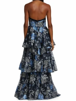 Women Marchesa Floral Print Tiered Halter Gown