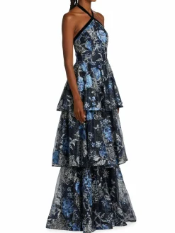 Women Marchesa Floral Print Tiered Halter Gown
