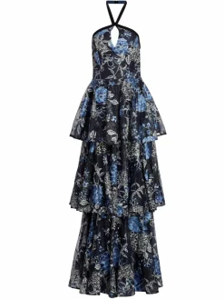 Women Marchesa Floral Print Tiered Halter Gown