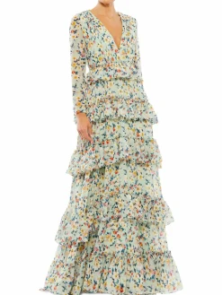 Women Mac Duggal Floral Tiered Ruffle Gown