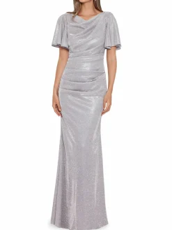 Women Betsy & Adam Flutter Sleeve Glitter Column Gown