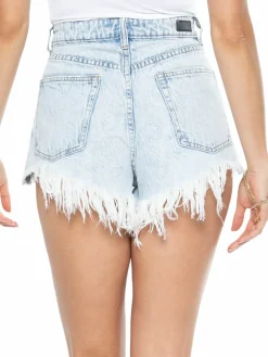 Women Blue Revival French Cut High Rise Frayed Denim Shorts