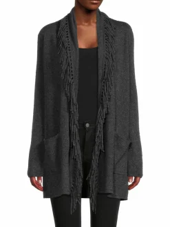Women Saks Fifth Avenue Fringe Shawl Collar Cashmere Cardigan