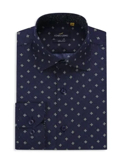 Azaro Uomo Dress Shirts|Geometric Print Shirt Navy Blue