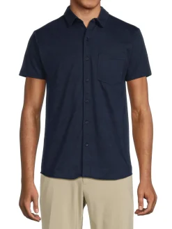 Vintage Summer Casual Button-Down Shirts|Heathered Knit Button Down Shirt Navy
