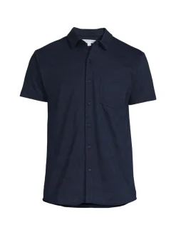 Vintage Summer Casual Button-Down Shirts|Heathered Knit Button Down Shirt Navy
