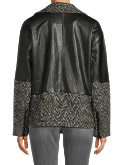Women Karl Lagerfeld Paris Herringbone Wool Blend Faux Leather Moto Jacket