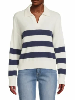 Women Saks Fifth Avenue Johnny Collar Striped Cashmere Polo