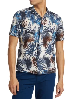 Saks Fifth Avenue Linen|Leaf Print Cotton & Linen Shirt Navy