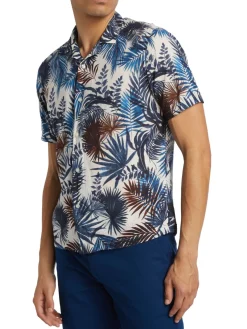 Saks Fifth Avenue Linen|Leaf Print Cotton & Linen Shirt Navy
