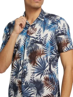 Saks Fifth Avenue Linen|Leaf Print Cotton & Linen Shirt Navy