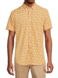 Heritage Report Collection Casual Button-Down Shirts|Leaf Print Sport Shirt Orange
