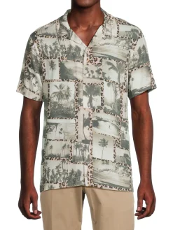 Industry Casual Button-Down Shirts|Leopard Print Palm Tree Camp Shirt Grey Multicolor