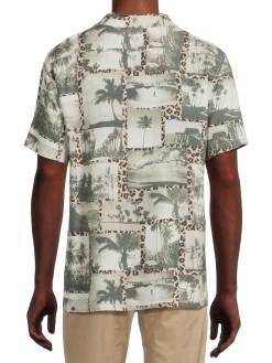 Industry Casual Button-Down Shirts|Leopard Print Palm Tree Camp Shirt Grey Multicolor