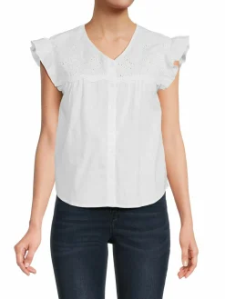 Women Saks Fifth Avenue Linen & Cotton Embroidered Flutter Top