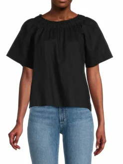 Women Saks Fifth Avenue Linen & Cotton Ruched Peasant Top