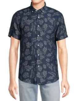 Heritage Report Collection Linen|Linen Floral Print Button Down Shirt Navy