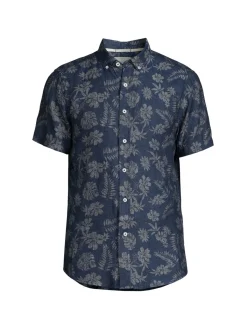 Heritage Report Collection Linen|Linen Floral Print Button Down Shirt Navy