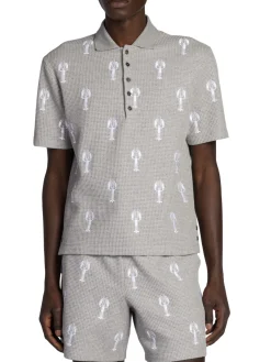 Thom Browne Polos|Lobster Embroidered Waffle Knit Polo Light Grey
