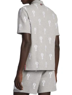 Thom Browne Polos|Lobster Embroidered Waffle Knit Polo Light Grey