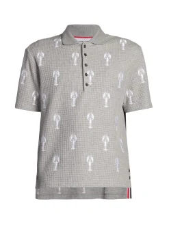 Thom Browne Polos|Lobster Embroidered Waffle Knit Polo Light Grey