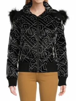 Women Karl Lagerfeld Paris Logo Faux Fur Trim Hooded Down Jacket