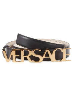 Versace Belts|Logo Slim Leather Belt Black Gold
