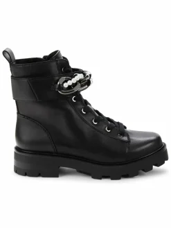 Karl Lagerfeld Paris Maxi Faux Pearl Chain Leather Ankle Boots