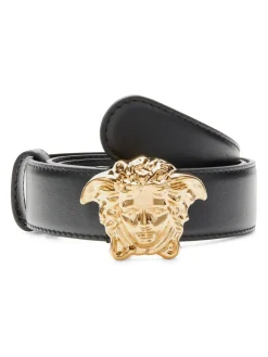 Versace Belts|Medusa Slide Buckle Leather Belt Black Gold