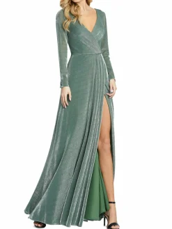 Women Mac Duggal Metallic Faux Wrap Slit Gown