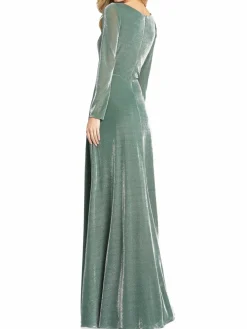 Women Mac Duggal Metallic Faux Wrap Slit Gown