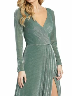 Women Mac Duggal Metallic Faux Wrap Slit Gown